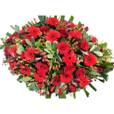 Langwerpig bloemstuk rood/groen