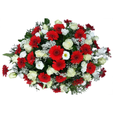 Druppelvormig bloemstuk wit/rood/groen