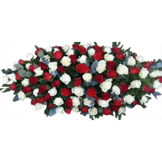 Langwerpig bloemstuk rood/wit/groen