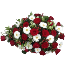 Druppelvormig bloemstuk rood/wit/groen